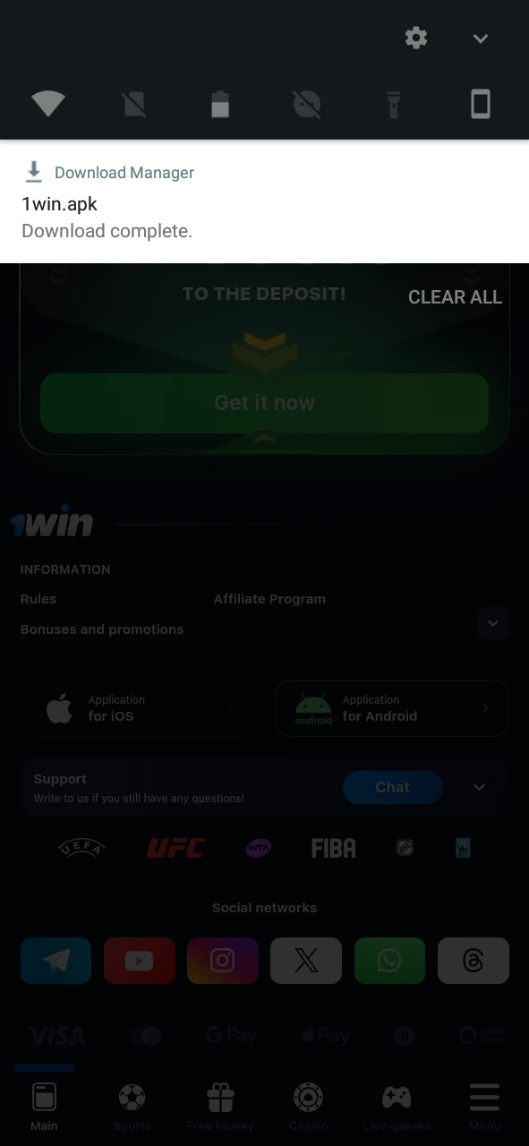 Click on the button to download 1win APK.