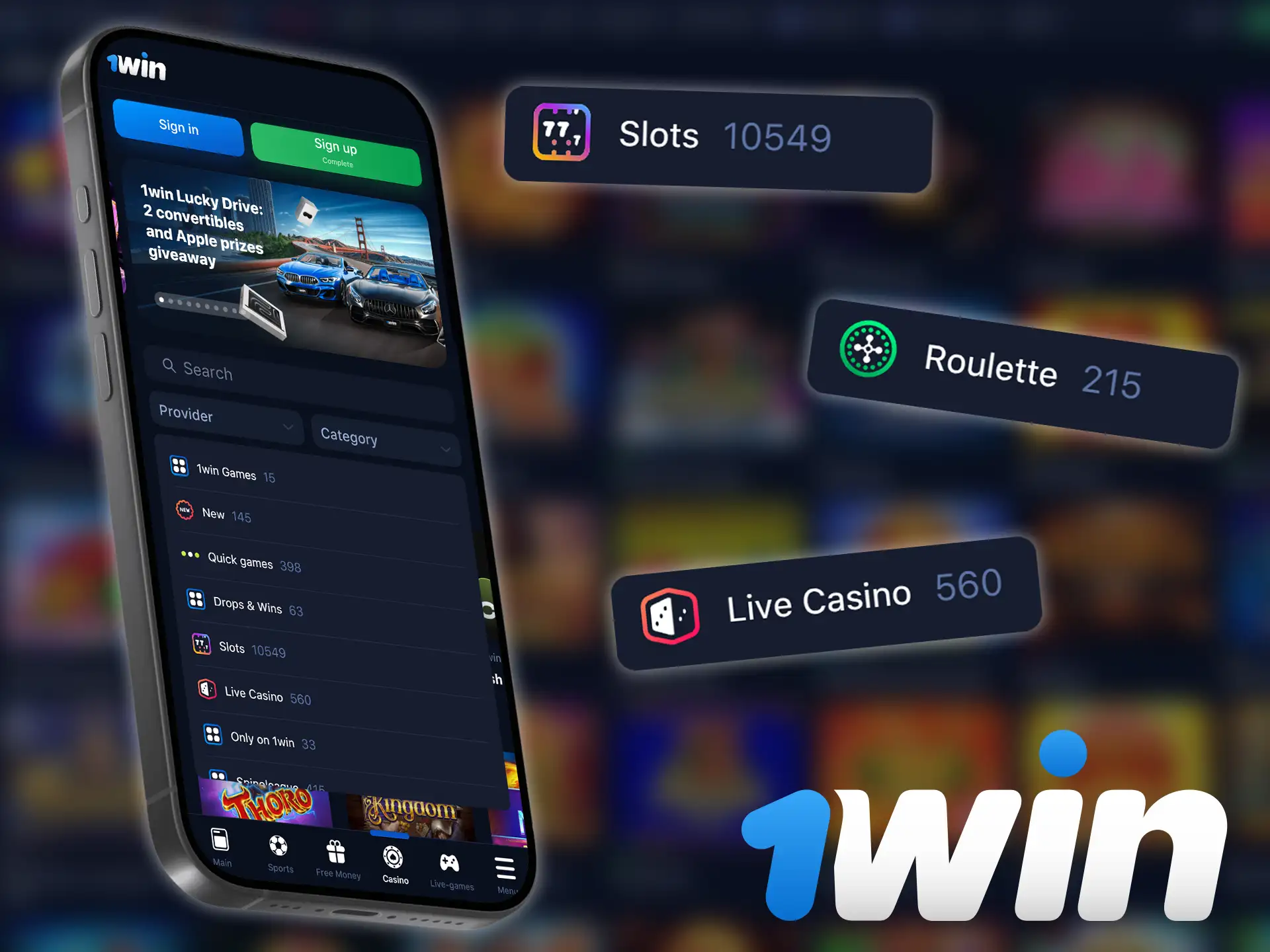 Play online casino games in the 1win app.