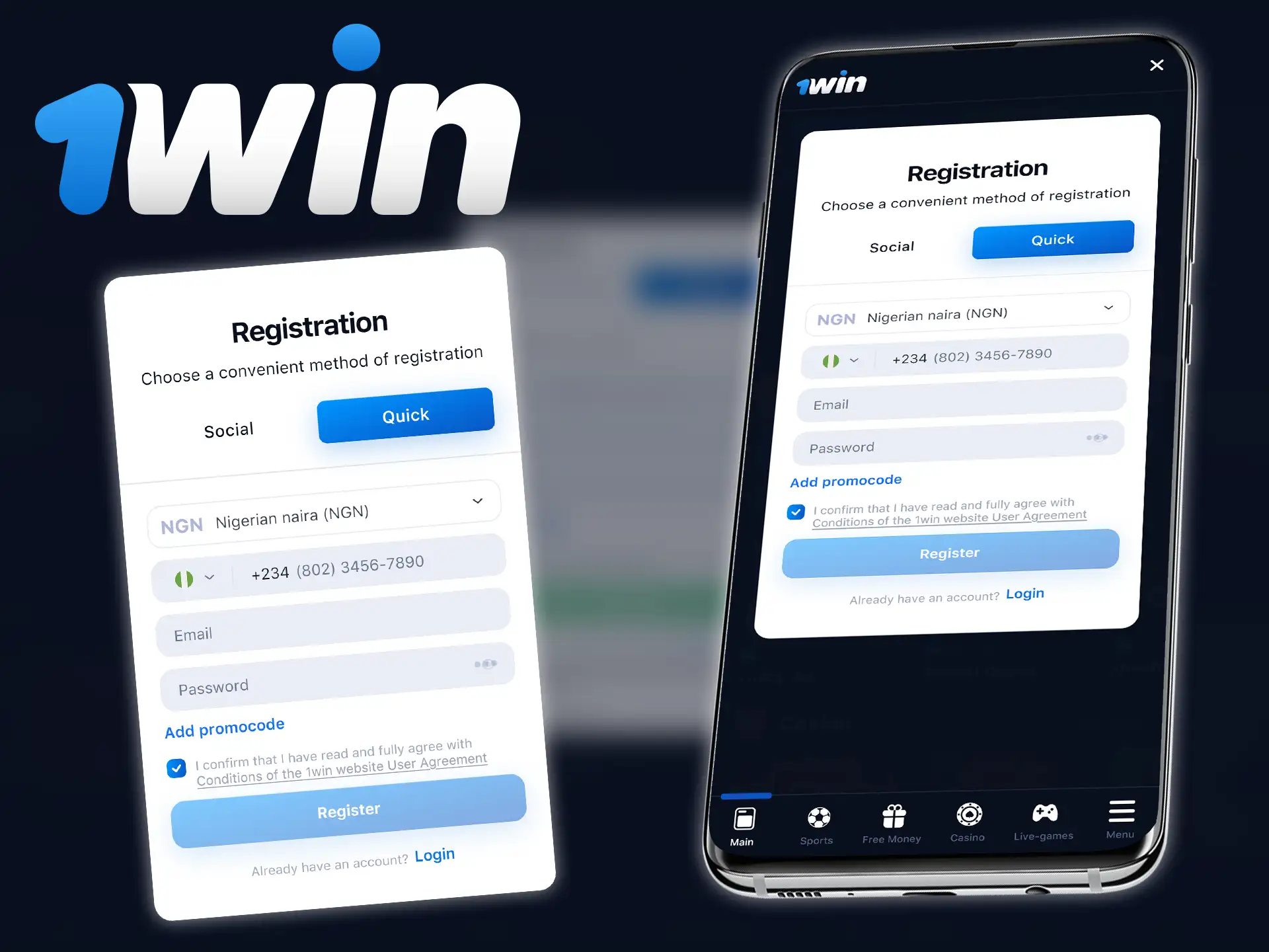 Register your account on 1win.