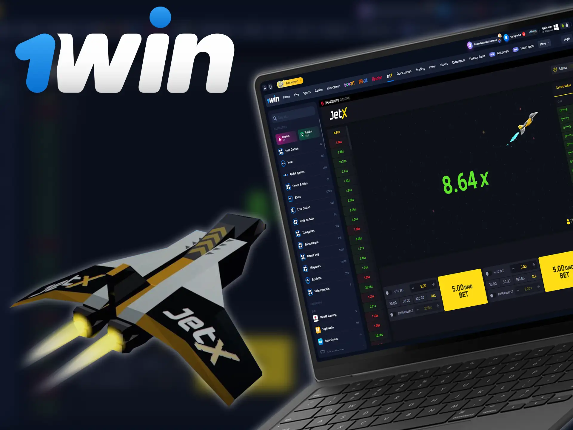 Play JetX casino game and win money with 1win.