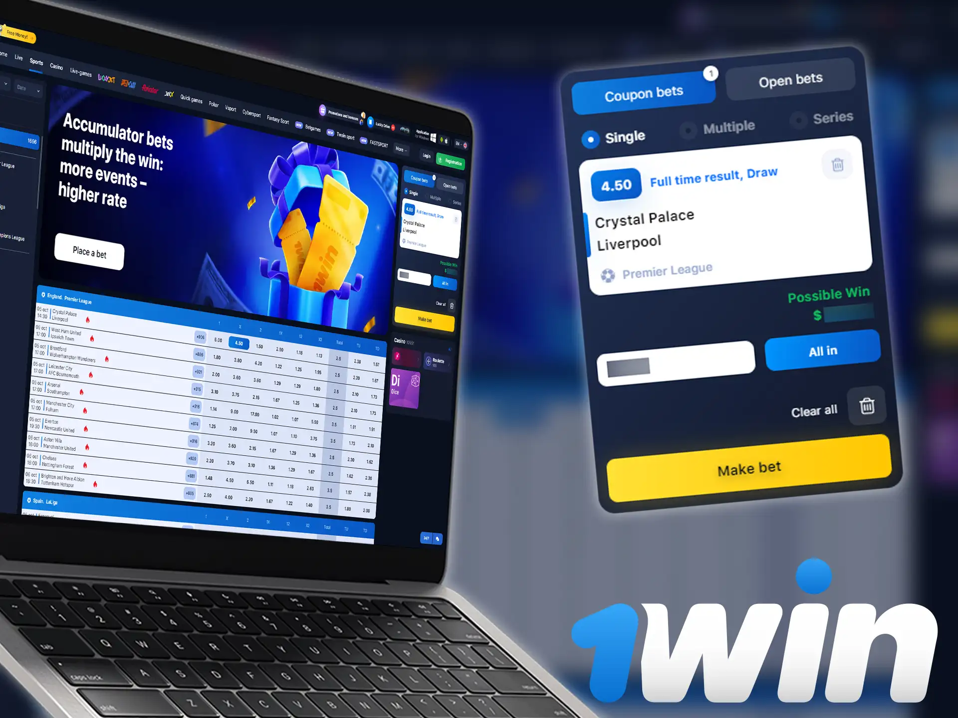 There is a simple instruction for football betting at 1win.