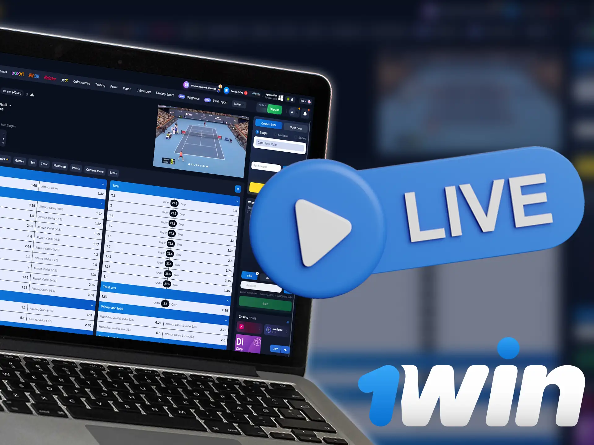 Use the live betting mode to bet on 1win.