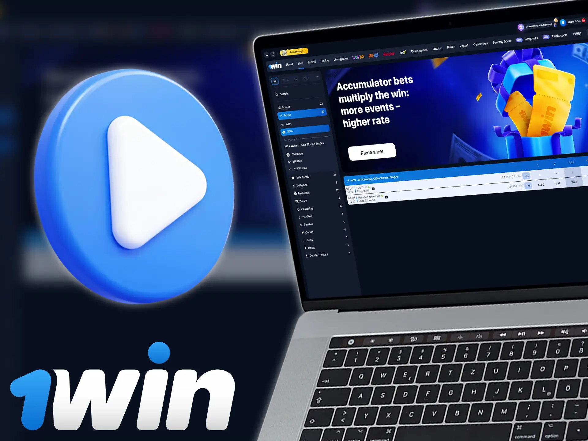 1win offers live streaming for tennis events and a lot of tournaments to bet on.