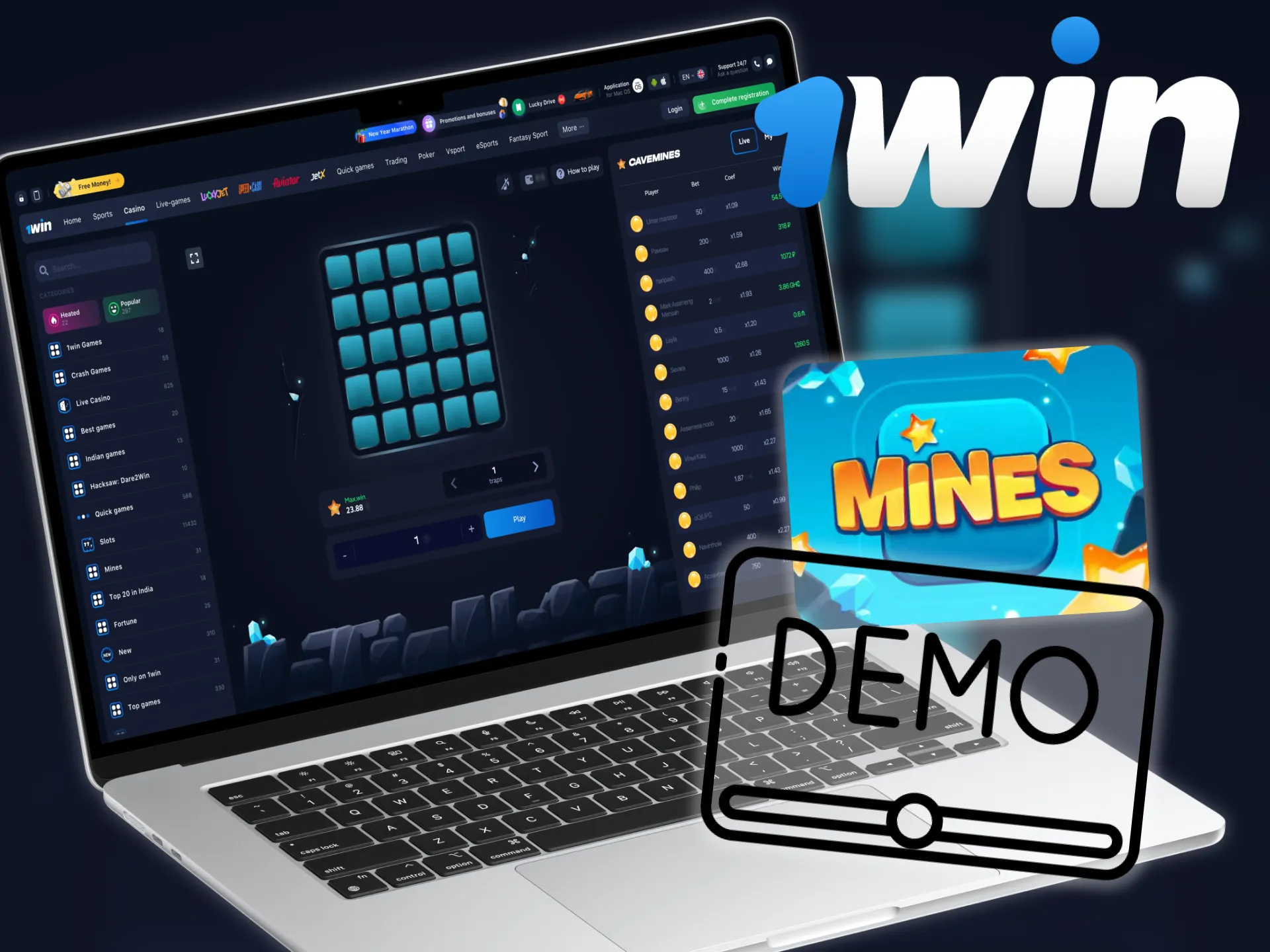 Try to play Mines demo mode on 1win platform.