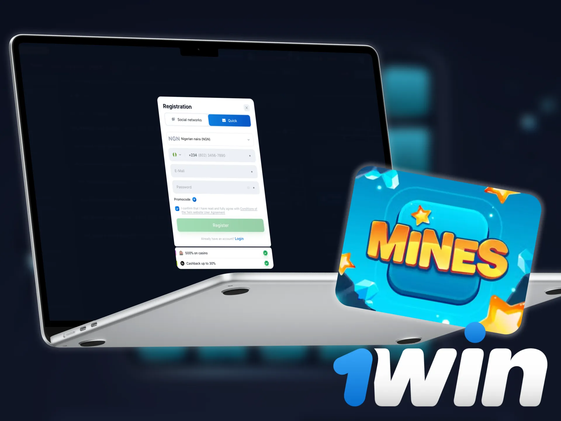 Create a 1win personal account to start playing Mines.