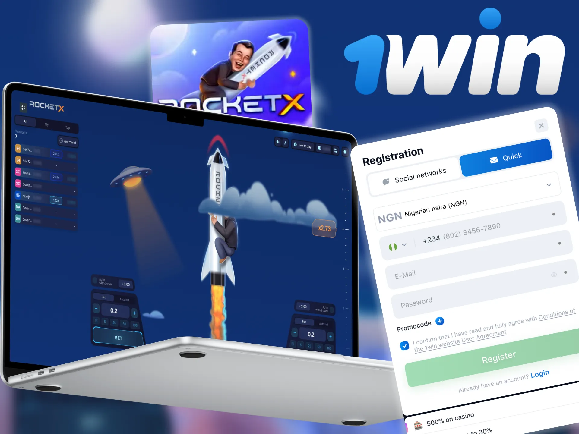 Simply create an account on 1win to play Rocket X.