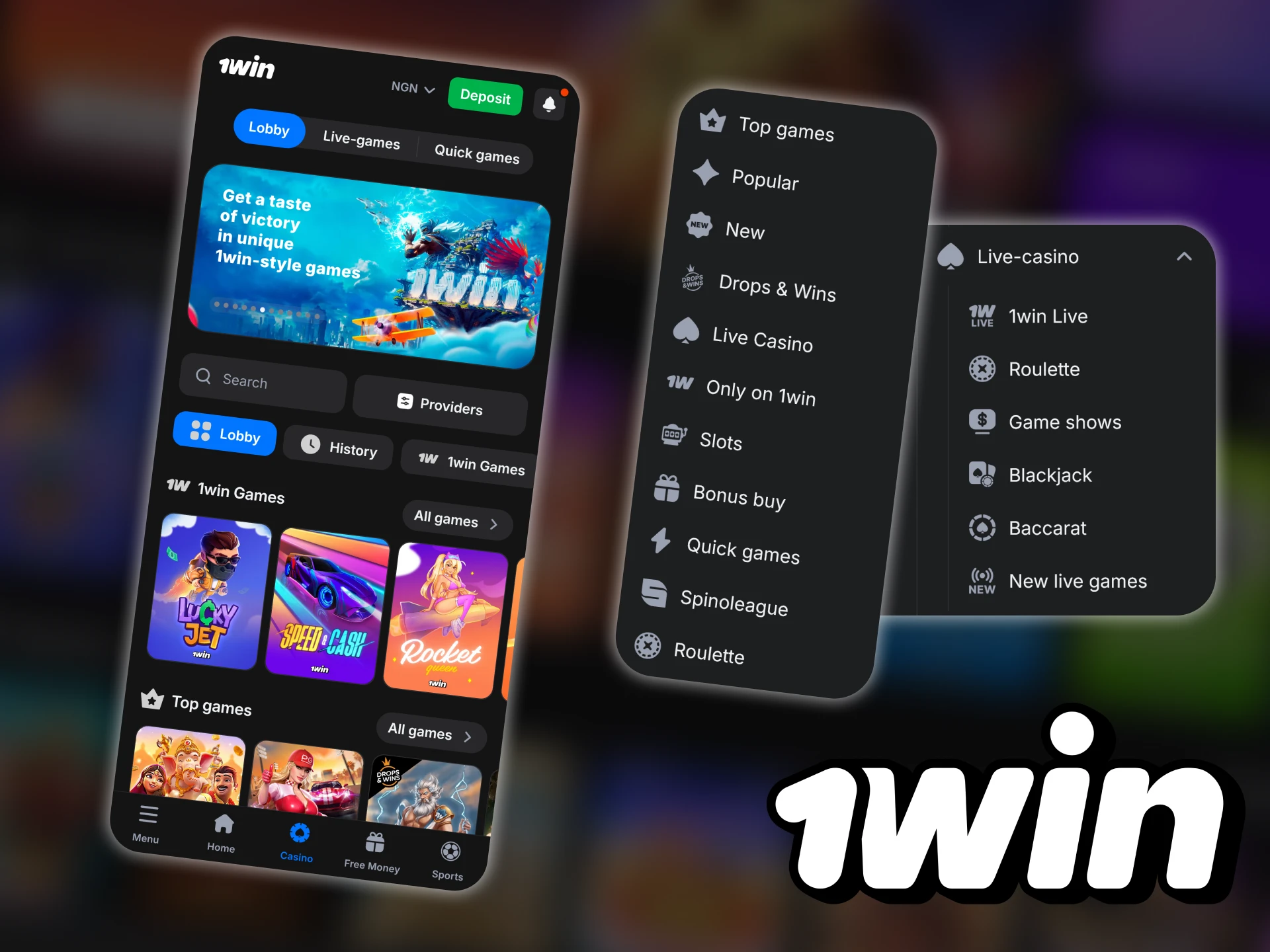Play online casino games in the 1win app.