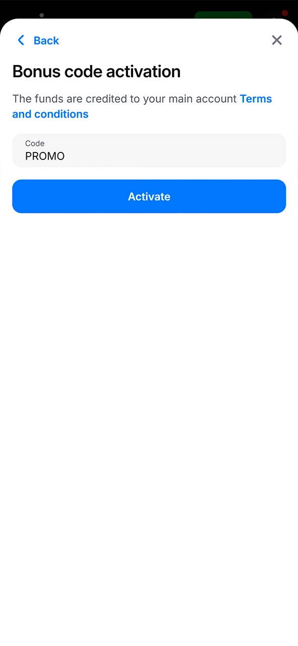 Enter 1win promo code in the voucher section.