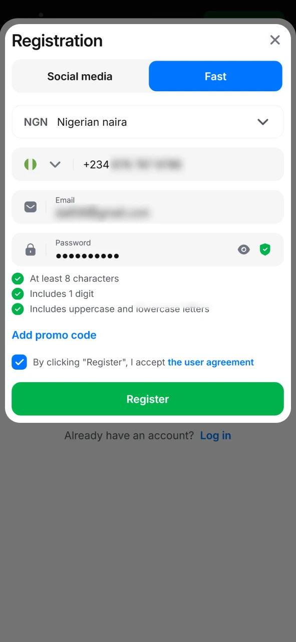 Add info required for creating 1win account.