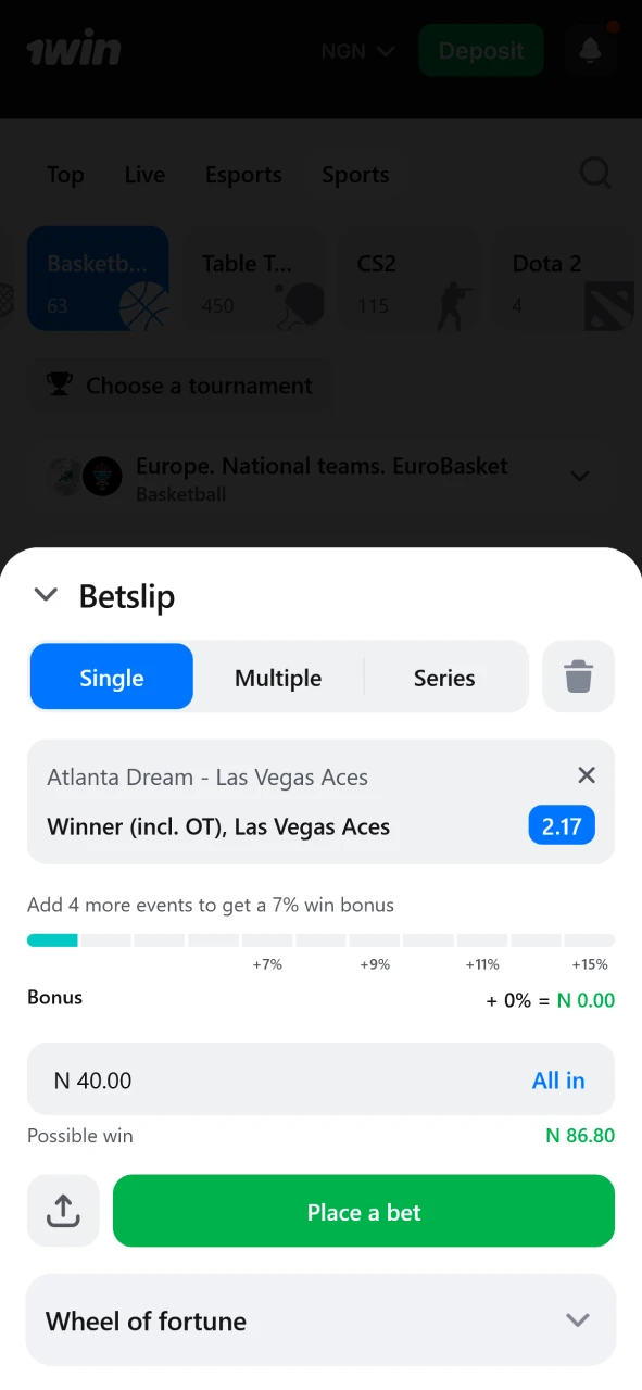 Place and confirm your 1win bet.