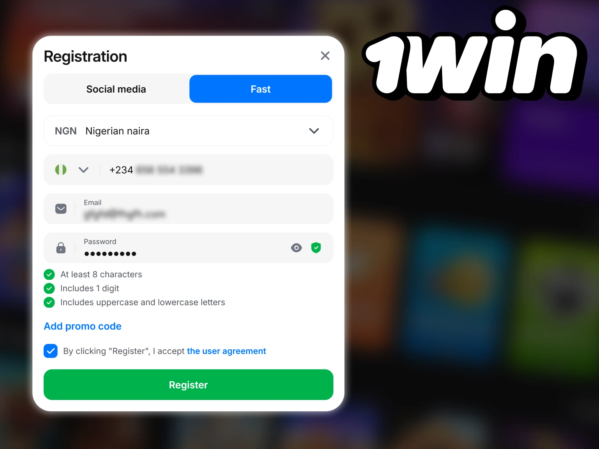 Register a new 1win account in 5 minutes.