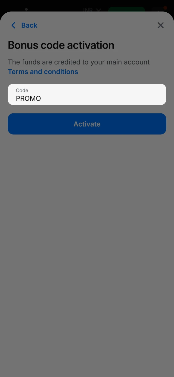 Enter the promo code to claim your 1win reward.