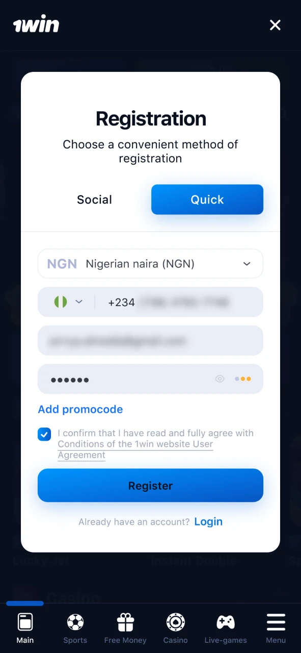 Create your account to unlock exclusive 1win promo code deals.