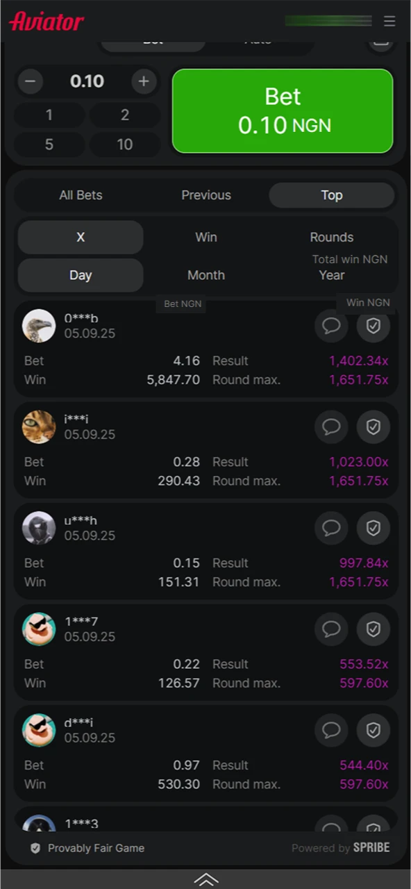 You can see the best bets in the Aviator game on the official 1win website for different periods.