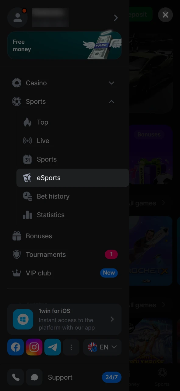Open the eSports section in the 1win website menu.
