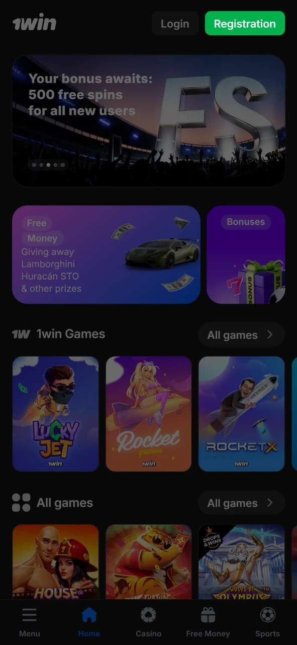 Click the registration button to create a 1win account.