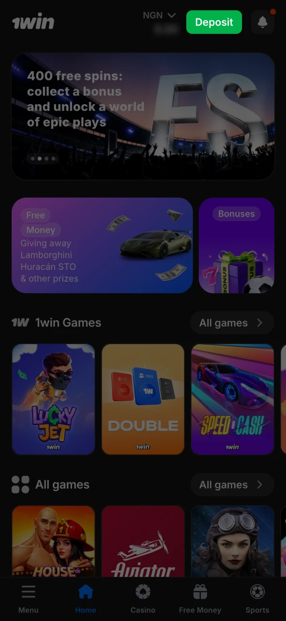 Click the green deposit button on 1Win homepage.