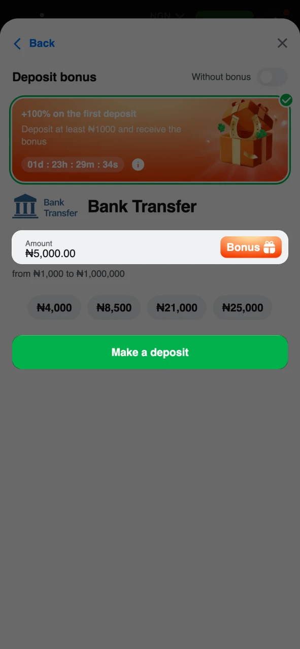 Enter the amount and finish 1Win deposit process.