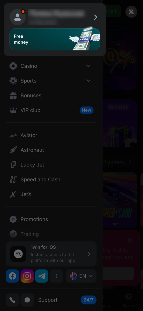 Click on the profile icon at 1Win menu page.
