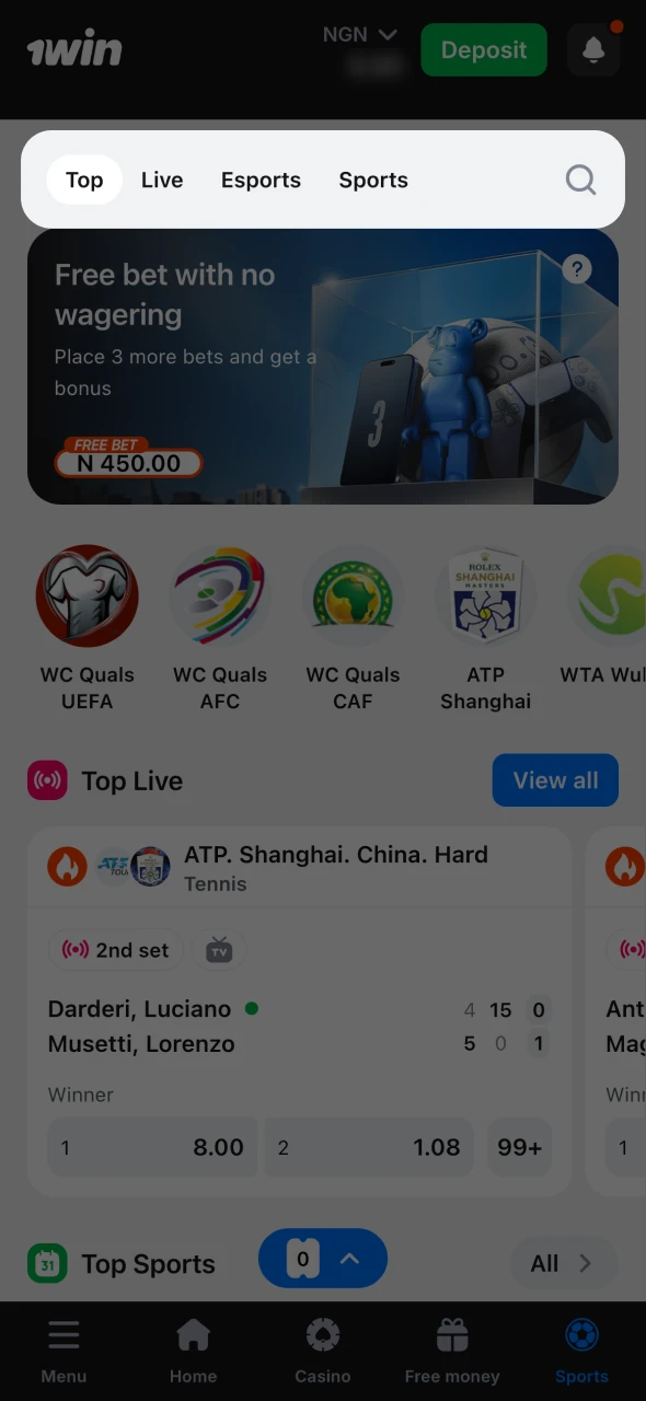 Find 1Win sports section and click on basketball.