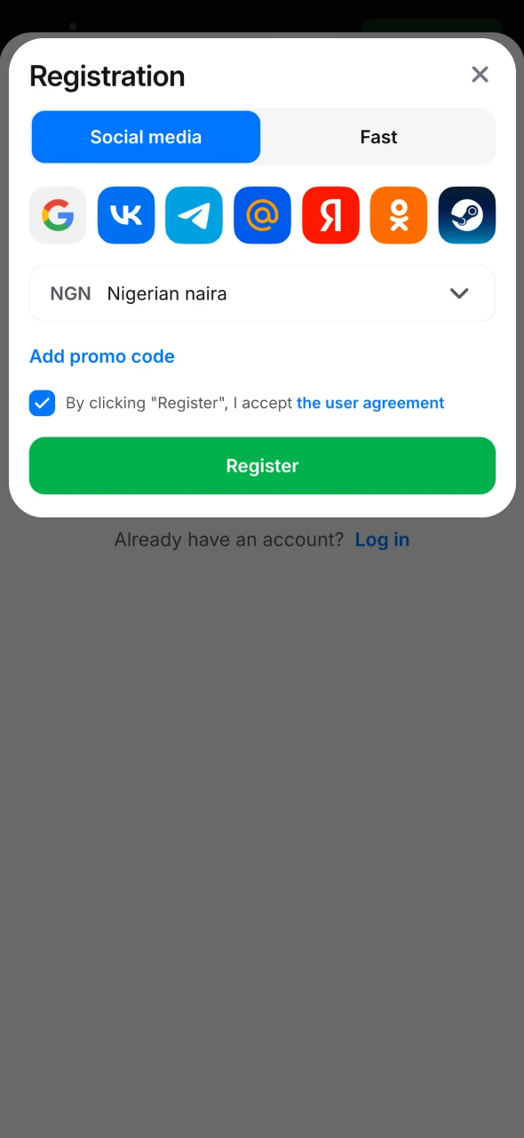 Start registration process to create your 1Win account.