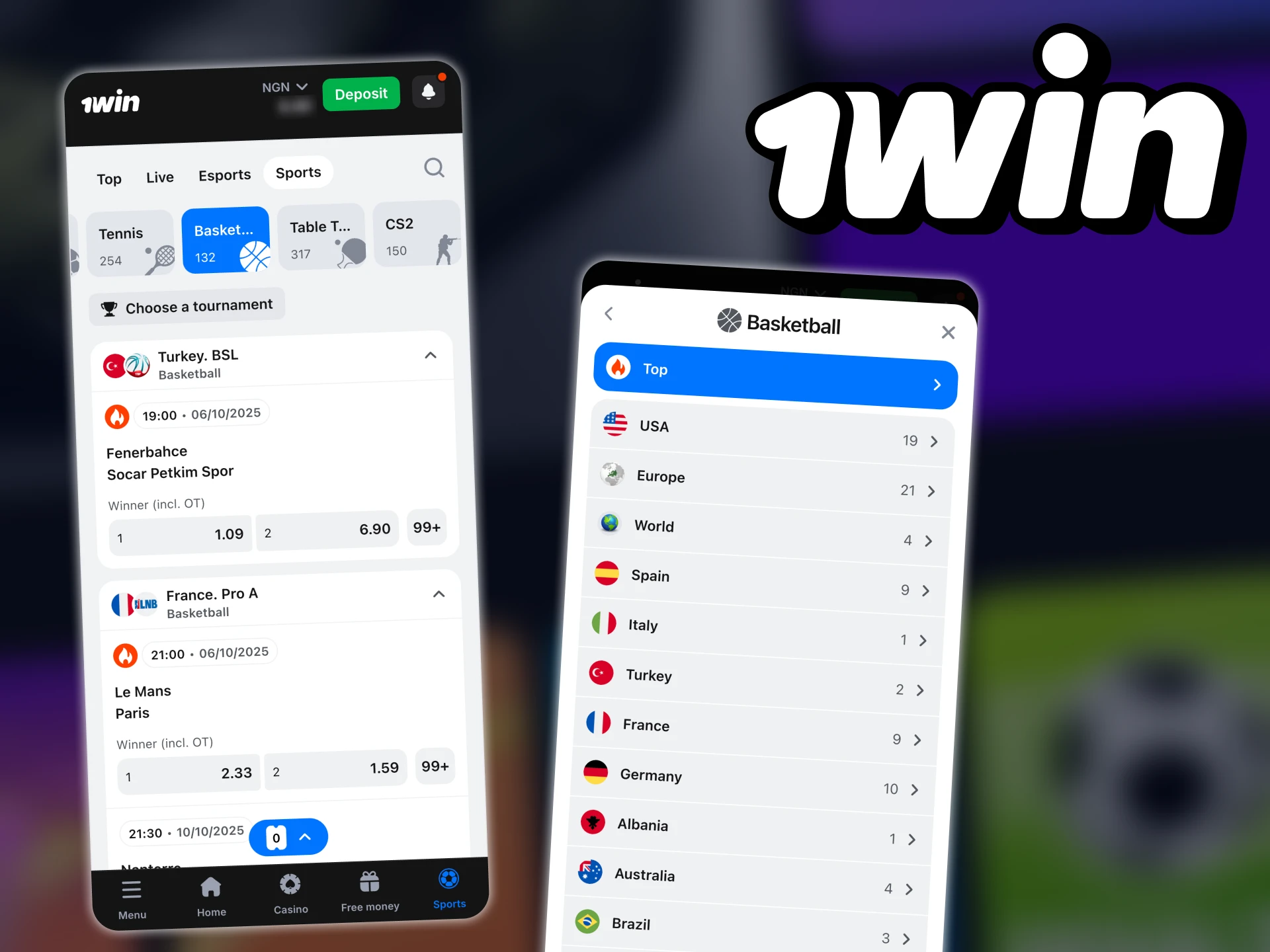 You can use the 1win app to place bets on basketball games.