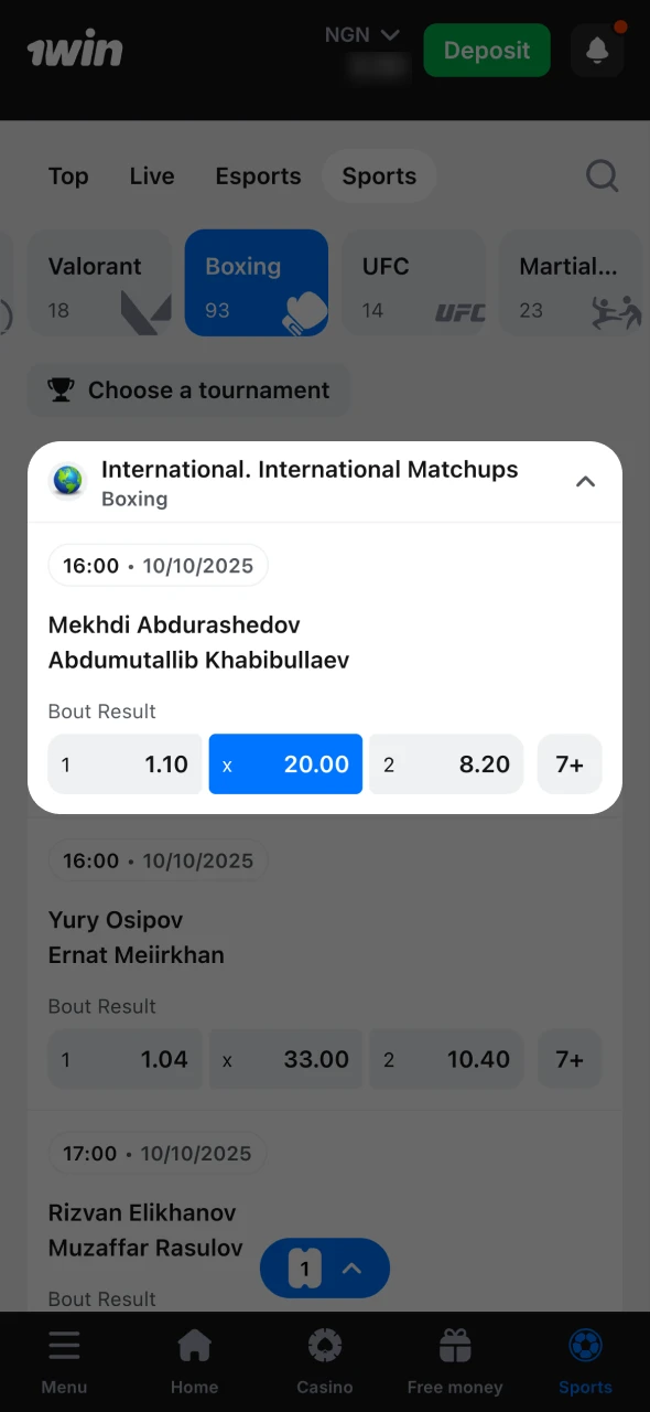 Pick the boxing event you want to bet on at 1Win.