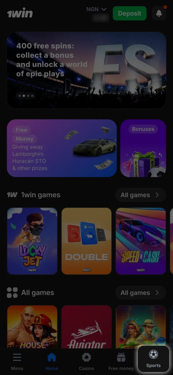 Find the sports section at the bottom of 1Win page.