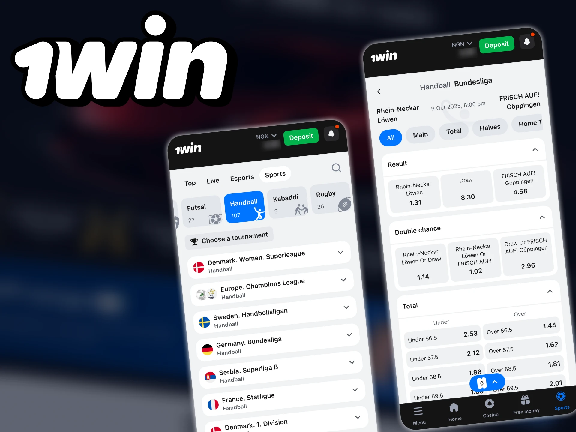 You can place bets on handball in 1win app.