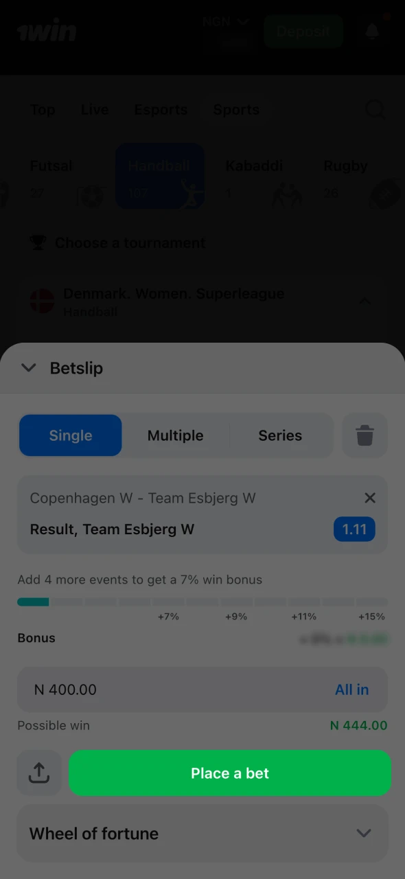Enter the desired bet amount make 1Win bet.