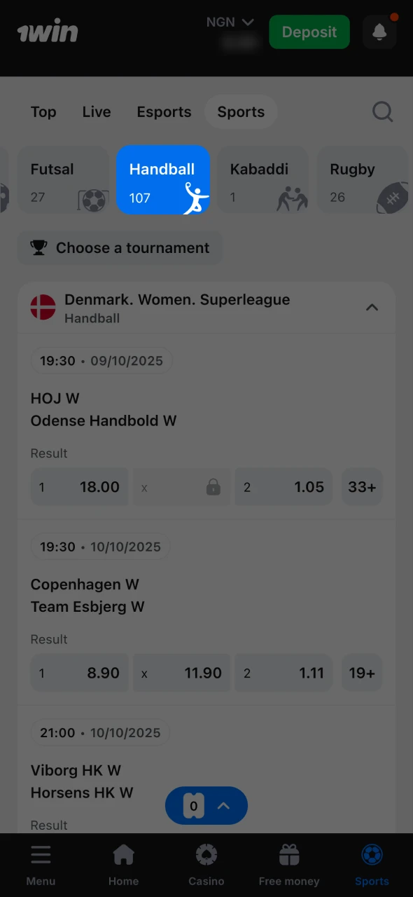 Select handball at 1Win sports section.