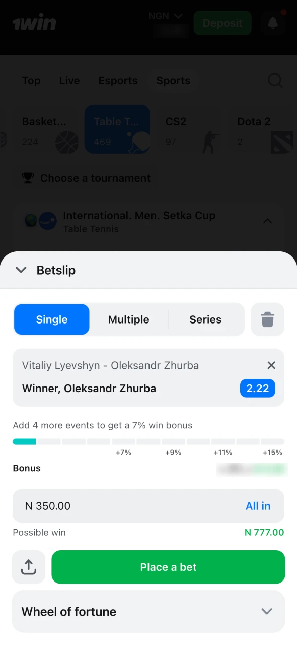 Select the 1Win table tennis event you want to bet on.