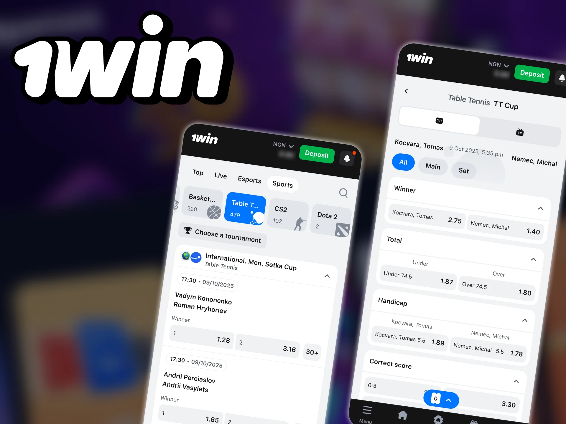 Employ the 1win application to wager on table tennis.