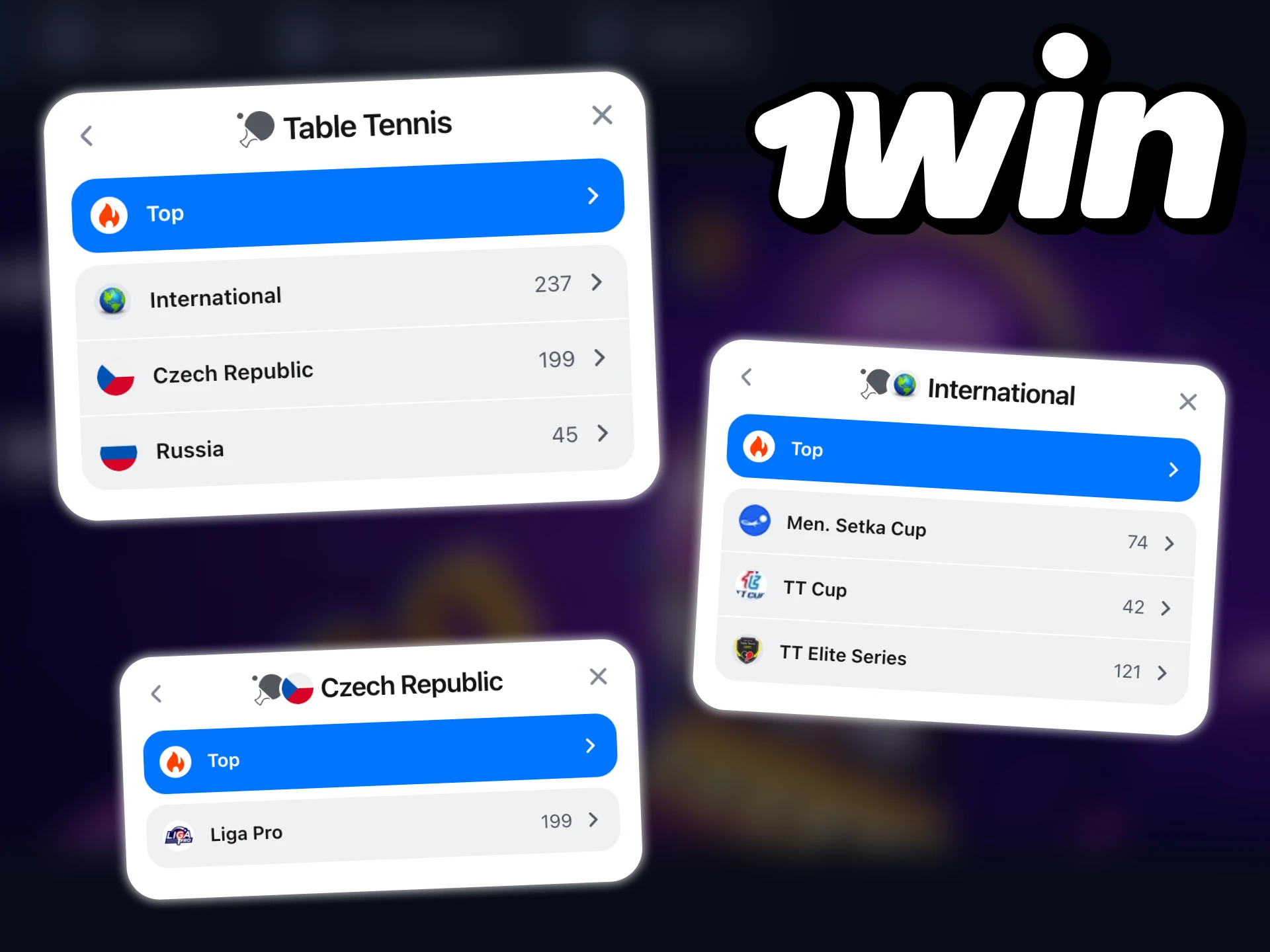 1win offers popular events and tournaments to bet on table tennis.
