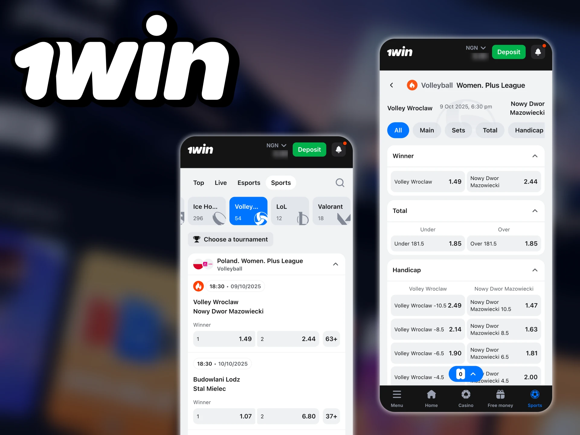 Using the application for volleyball betting at 1win.