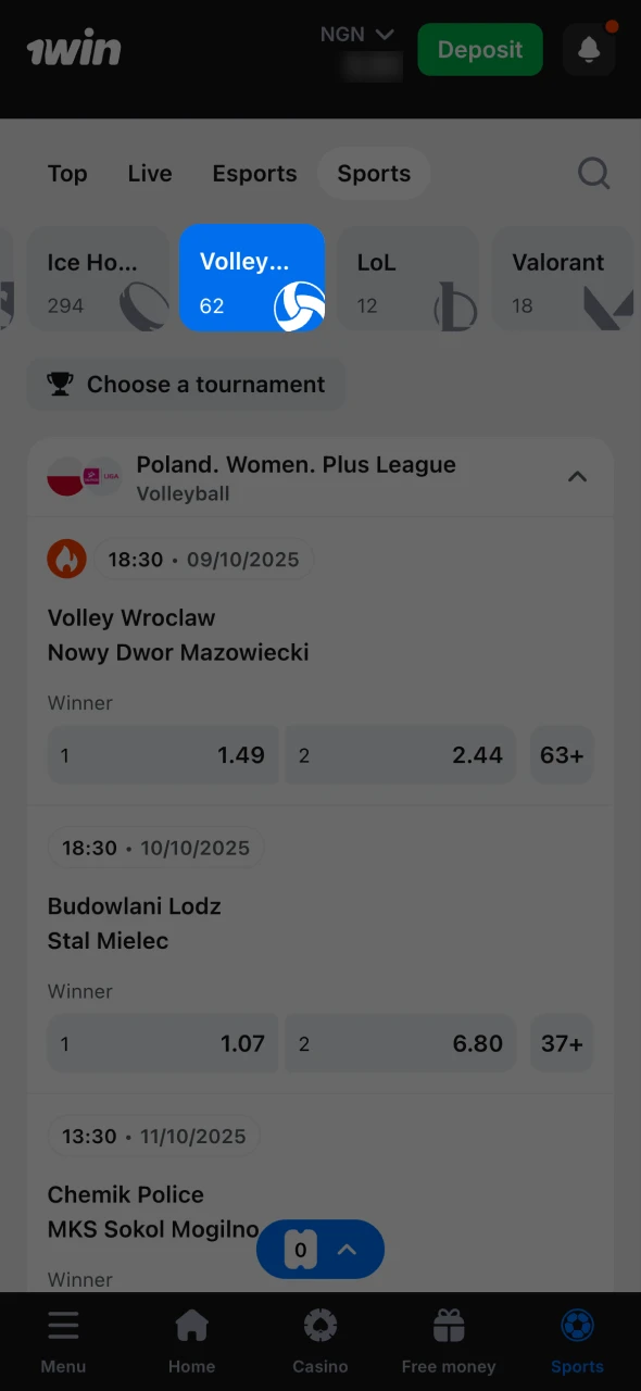 Open the sports section of 1Win website and find volleyball.