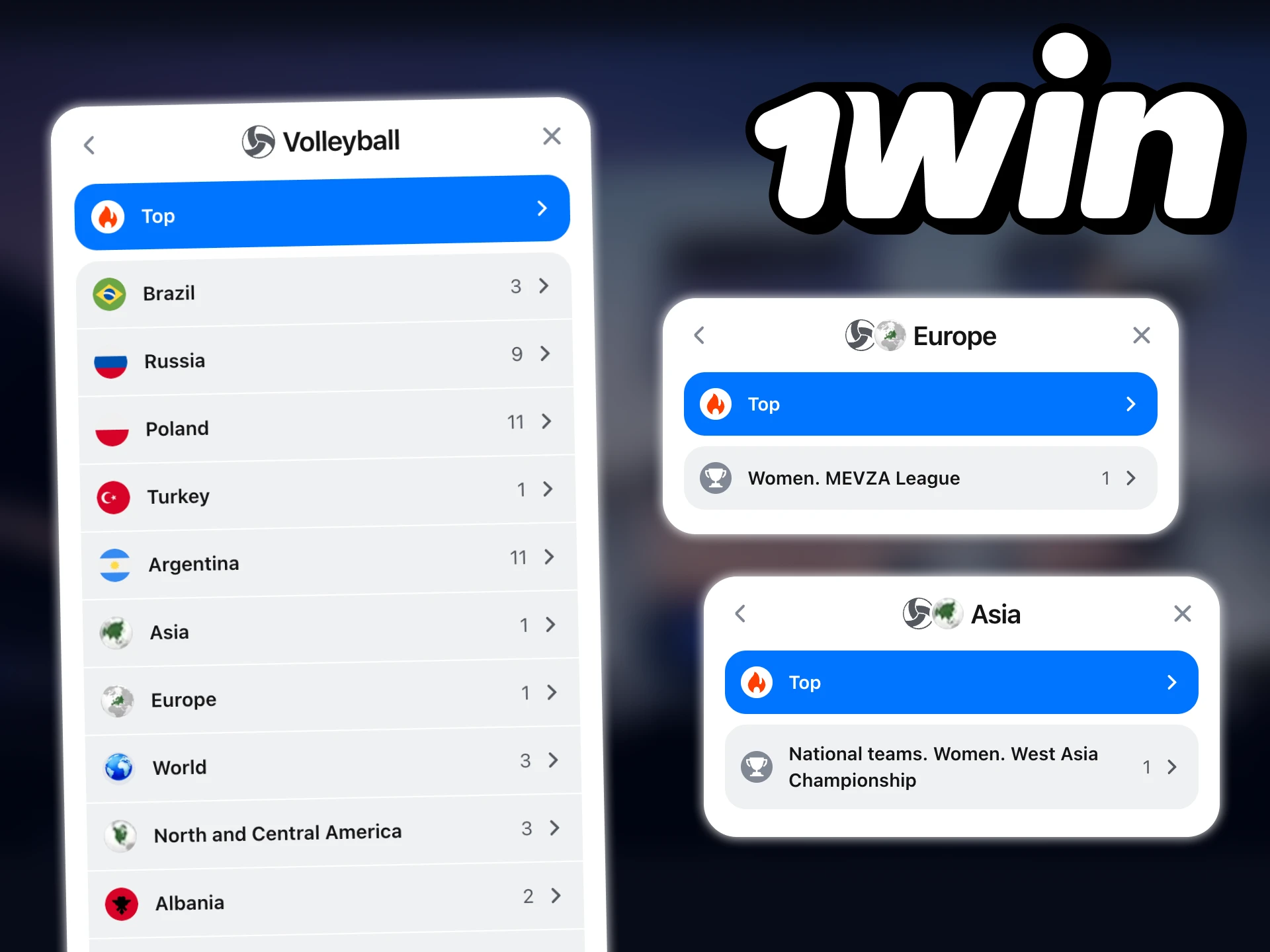 There are a lot of volleyball events at 1win to bet on.